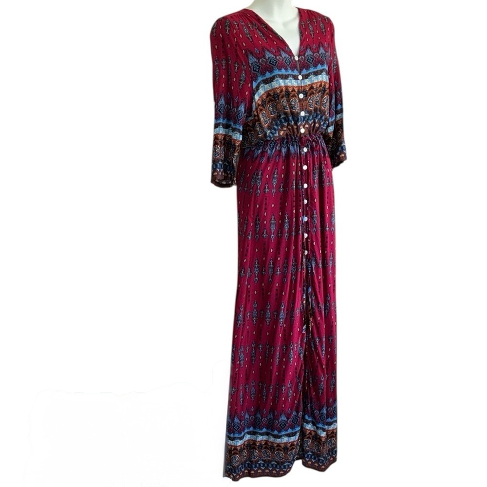 R. Vivimos shirtdress, Women's M, Red Blue Maxi, Buttons, Drawstring Waist. EUC